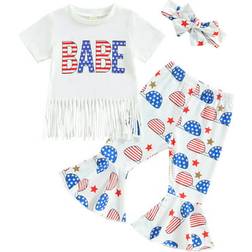 Jkerther Kid's 4th of July Outfits Summer Short Sleeve Tassel T-shirt Flare Pants Headbands Independence Day Set - White
