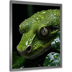 Design Art Coiled Emerald Snake Silver Framed Art 34x44"