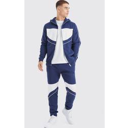 boohoo Mens Slim Colour Block Funnel Neck Hooded Tracksuit Navy