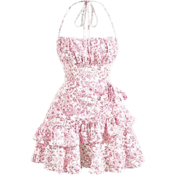 Shein SHEIN x Marika Sila SHEIN MOD Summer Pink Allover Floral Print Ruffle Trim Tie Backless Ruched Bust Halter Dress