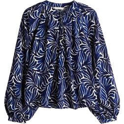 H&M Balloon-Sleeved Blouse - Dark Blue/Patterned