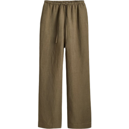 H&M Trousers In Linen Blend - Dark Khaki Green