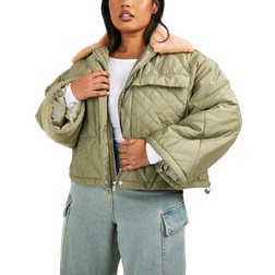 boohoo Teddy Collar Quilted Puffer Jacket Plus Size - Khaki