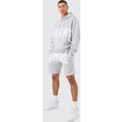 boohoo Mens Oversized Boxy Homme Hooded Short Tracksuit Grey