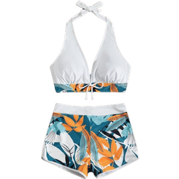 Shein Swim Summer Beach Plant Print Halter Shorts Bikini