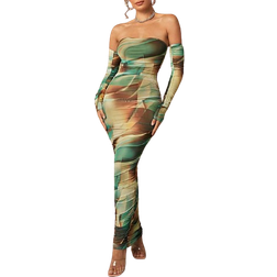 Shein Bae Allover Print Ruched Tube Bodycon Dress With Arm Sleeve