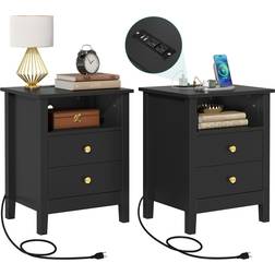 Charging Station End with USB Ports and Outlets Black Bedside Table 15.7x18.5" 2