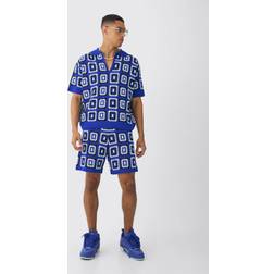 boohooMAN Mens Oversized Boxy Crochet Knit Polo And Short Set Blue