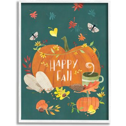 Stupell Happy Fall Greeting Plump Orange Pumpkin Festive Moths White Framed Art 11x14"