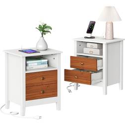 Bed Bath & Beyond Nightstand with Charging Station White/Brown Bedside Table 15.7x18.5" 2pcs