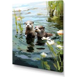 Design Art Otters Playtime Green/Black Wall Decor 16x32"