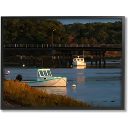 Stupell Boats Under Bridge River Scenery Black Framed Art 14x11"