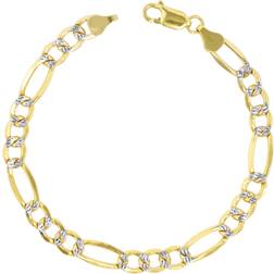 Nuragold Figaro Chain Link Diamond Cut Pave Two Tone Bracelet 7.5mm - Gold/Silver
