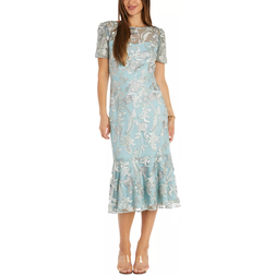 R & M Richards Embroidered Tea Length Flounce Dress - Slate