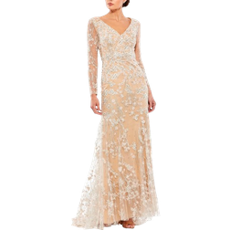 Mac Duggal Embroidered V Neck Long Sleeve Trumpet Gown - Ivory Nude
