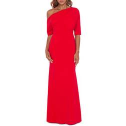 Betsy & Adam Madeline Long Scuba Crepe Off The Shoulder Drop Dress - Red