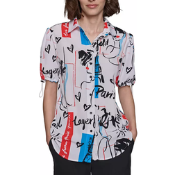 Karl Lagerfeld Printed Bungee Sleeve Button Down Top - White
