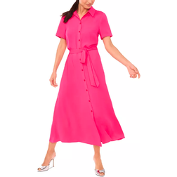 CeCe Women's Short Sleeve Belted Midi Shirtdress - Bright Rose