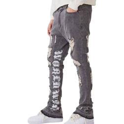 boohooMAN Stacked Distressed Embroidered Gusset Jeans - Washed Black