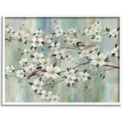 Stupell Delicate Cherry Blossom Flowers Perched Birds Classic White Framed Art 30x24"