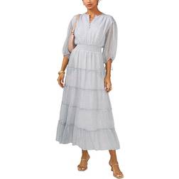 1.State Women's Printed Pintuck 3/4 Sleeve Tiered Maxi Dress - New Ivory