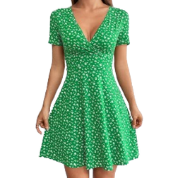 Shein EZwear Women Spring/Summer Elegant Wrap Heart Polka Dot Print V-Neck Short Sleeve Dress