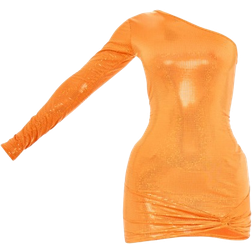 PrettyLittleThing One Sleeve Knot Detail Bodycon Dress - Bright Orange