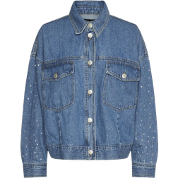 Pieces Sky Rhinestone Denim Jacket - Medium Blue Denim