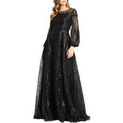 Mac Duggal Jewel Encrusted Illusion Long Sleeve A Line Gown - Black