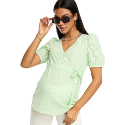 Mamalicious Maternity Belted V Neck Seersucker Top Green/White Stripe