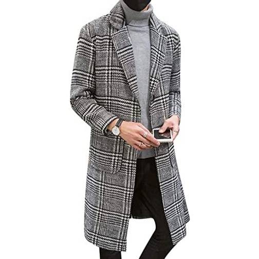Uaneo Men's Single Breasted Plaid Mid Long Trench Pea Coat • Price