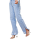 PrettyLittleThing Petite Ripped Split Hem Straight Leg Jeans - Light Blue Wash