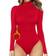 Mangopop Women's Mock Turtle Neck Long Sleeve Fleece Lined Tops Bodysuit - Red