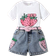 Shein Young Girl Summer 2pcs/Set Strawberry & Letter Print Short Sleeve T-Shirt And Embroidered Elastic Waistband Denim Shorts With Belt