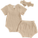 Suealasg Infant Rib Ruffles Short Sleeve Rompers Short & Headband Set - Khaki