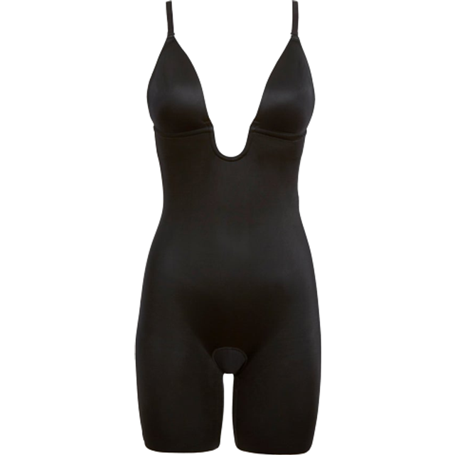 Suit Your Fancy Plunge Low-Back Mid-Thigh Bodysuit in Very Black
