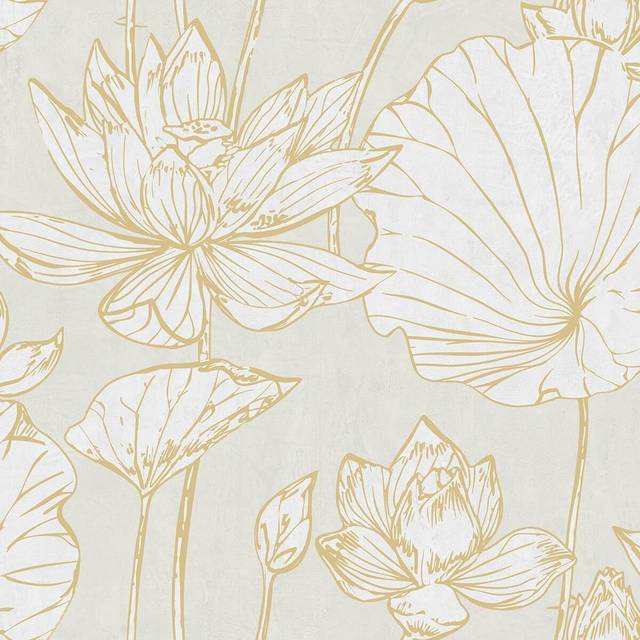 Seabrook Designs Lotus Floral Metallic Gold & Off-White Wallpaper