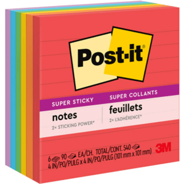 Post-it® Super Sticky Note Pads, 4x4, Lined, Asstd Colors, Six 90