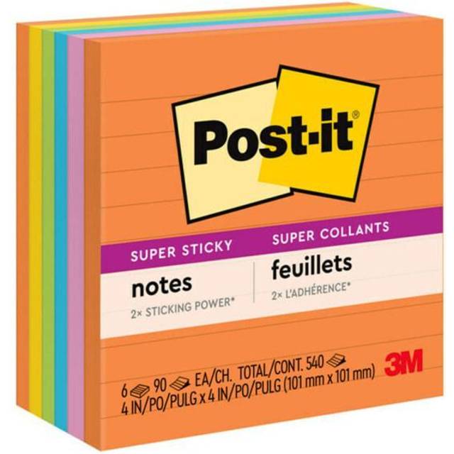 Post-it Notes Super Sticky 675-6SSUC Super Sticky Ultra Notes, 4 x 4, Lined, Five Colors, 6 90-Sheet Pads/Pack