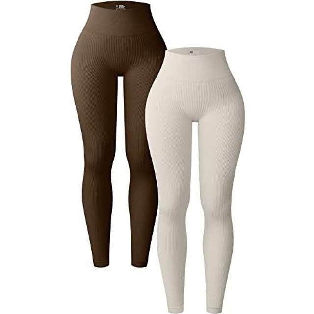 OQQ Women's 2 Piece Yoga Leggings Ribbed Seamless Workout High Waist  Athletic Pants Black Beige at  Women's Clothing store