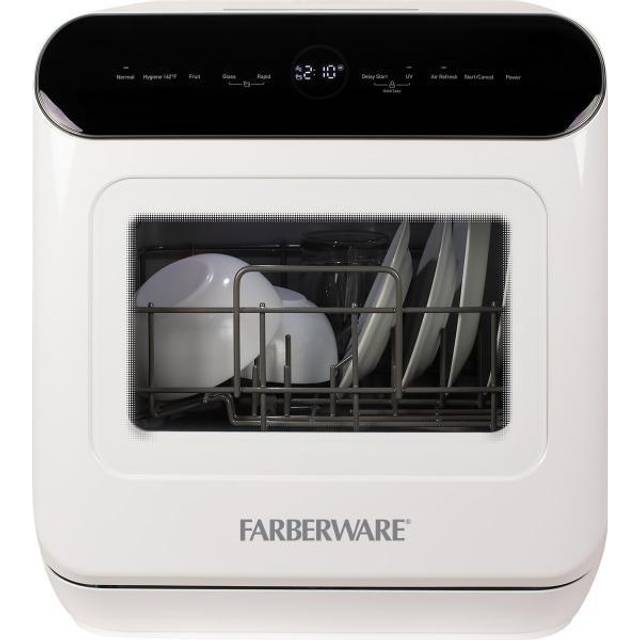 Farberware FCDMGDWH Complete Portable Countertop Dishwasher with UV Light 2  Place Settings, 5 Wash Programs, Glass Door, White 