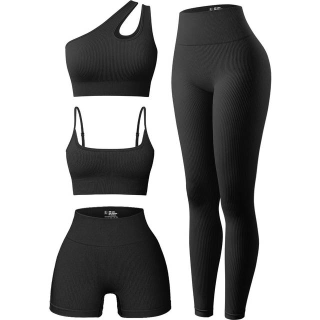QQQ + 3 Piece Outfits Ribbed Seamless Exercise Scoop Neck Sports Bra One  Shoulder Tops High Waist Shorts Active Set
