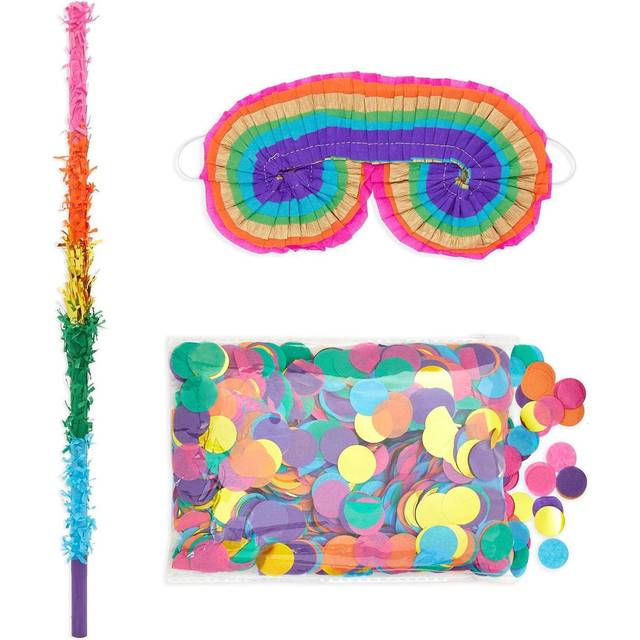 30-Inch Rainbow Pinata Stick with Blindfold and Round Confetti for