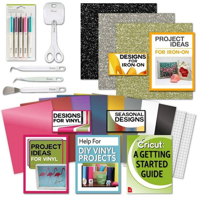 Cricut beginner bundle- glitter ironon htv, vinyl sheets, tool kit, pens,  eguide • Price »
