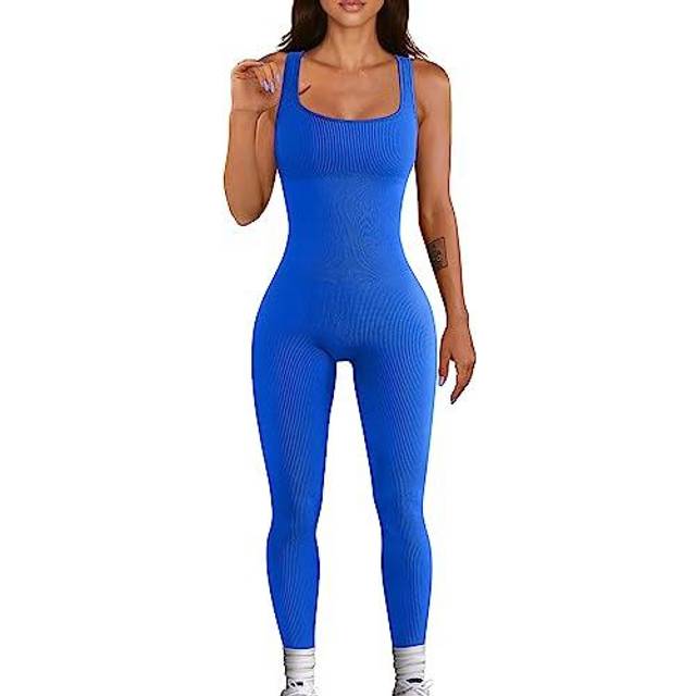 Oqq Womens Yoga Ribbed One Piece Sleeveless Jumpsuits Blue • Price 3758