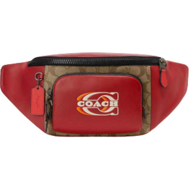 Coach Track Colorblock Khaki Coated Canvas Red Leather Stamp Belt Bag