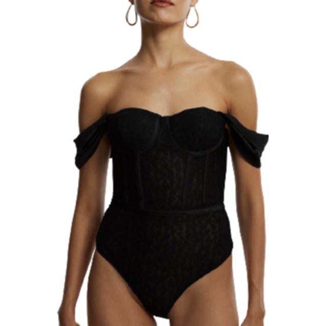 BCBG Max Azria Off The Shoulder Lace Bustier Bodysuit Black